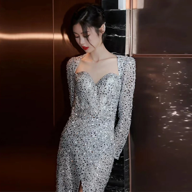 

Ele Long Sve Sequin Dr Wedding Dr Evening Gown for Bridal ower And Wedding Ceremony Polyester Fiber Winter