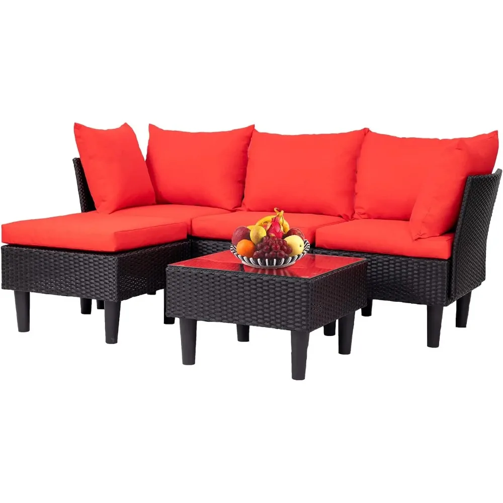 Patio Furniture Sets 5 Pieces Outdoor Wicker Conversation Set Sectional Sofa Rattan Chair,Furniture with Coffee Table,Red