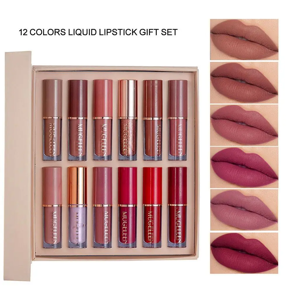 

12 Colors Book Matte Liquid Lipstick Set Non-stick Cup Waterproof Lip Gloss Women's Makeup Long-lasting Lipgloss Kits