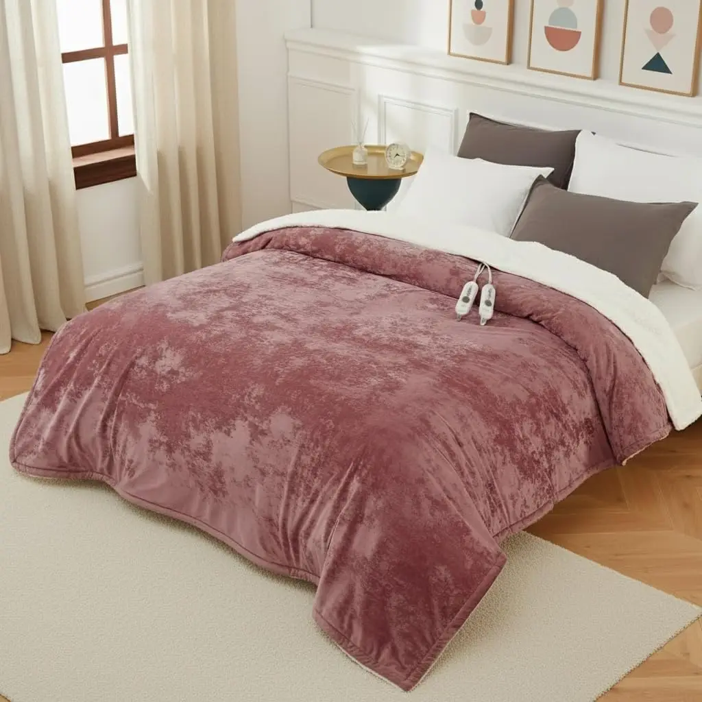 

Queen Electric Blanket with Dual Controls, Pink Velvet, 4 Heat Settings, Auto Shut-Off & Overheat Protection