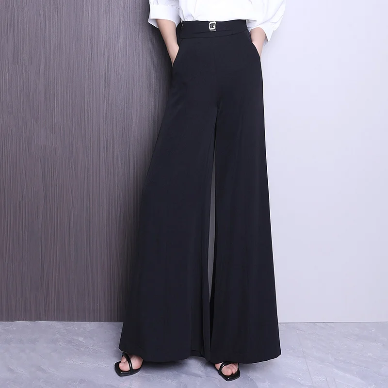

Ice Silk Wide Leg Suit Pants Women Summer Loose High Waist Dra Floor Length Skirt Pants Slimming Bootcut Trousers