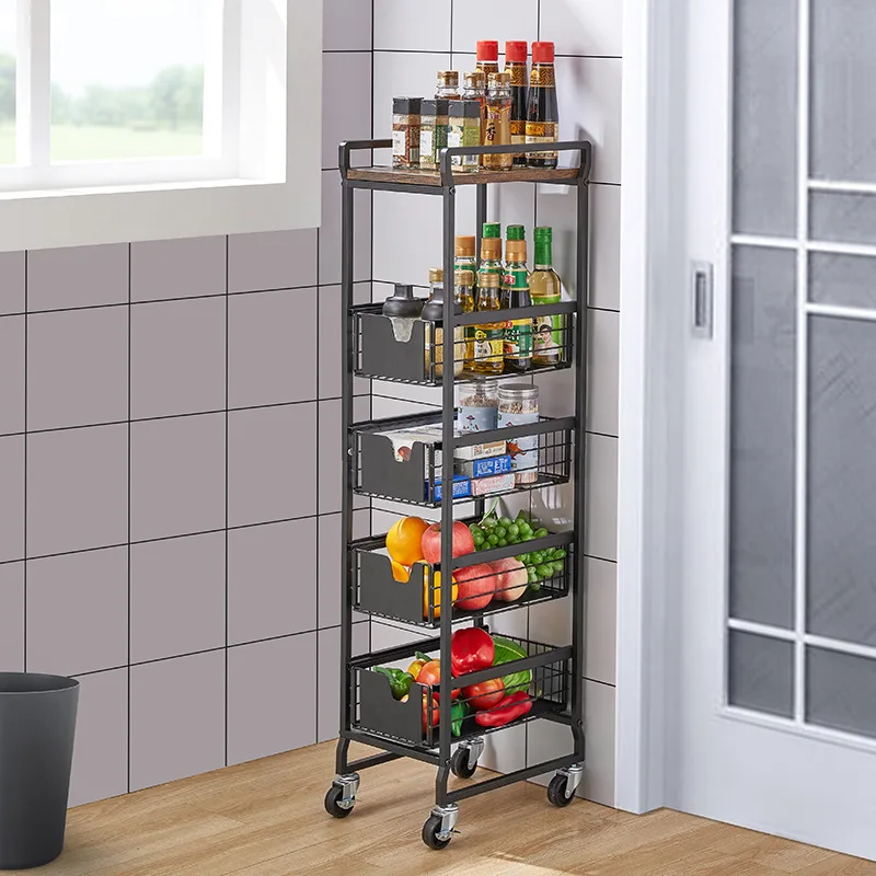 Sandwich cabinet for storing wooden boards, metal shelves, hand pushed storage carts, kitchen gap storage racks