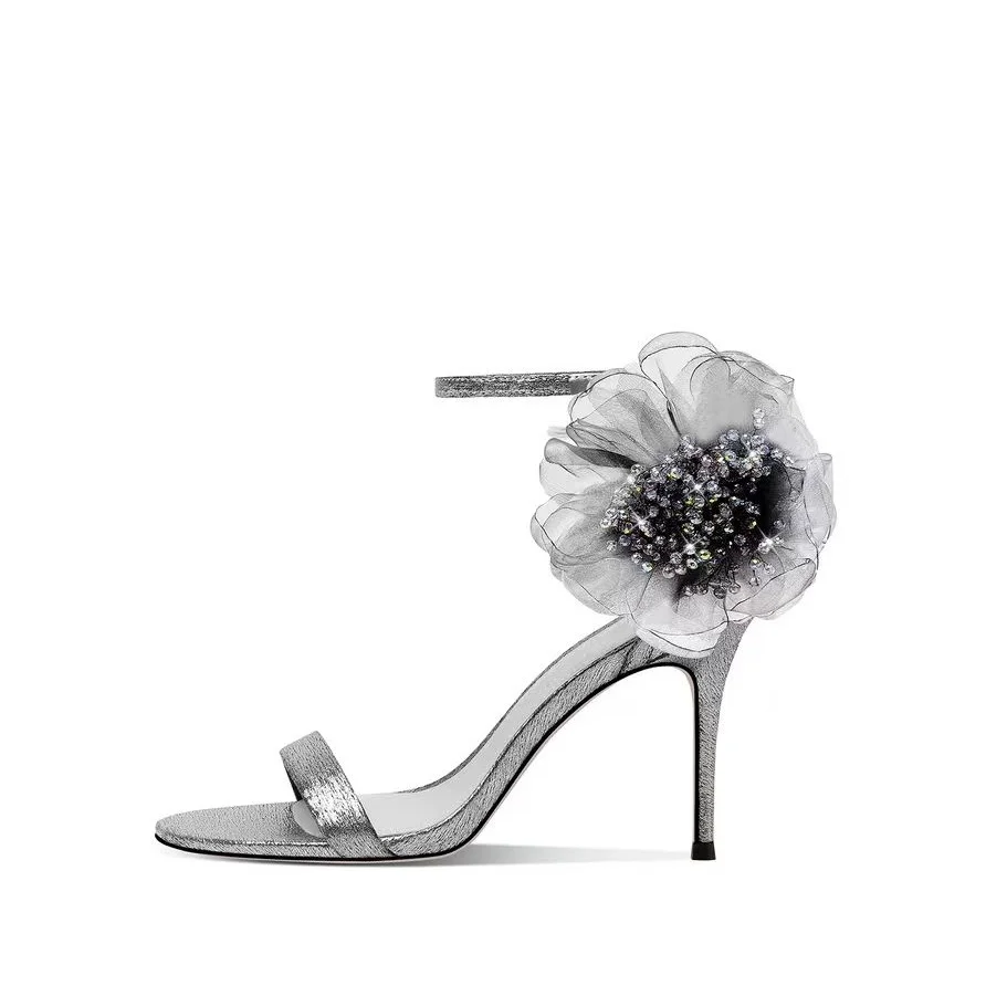 Silver Flower Buckle Peep Toe Sandals Thin High Heel Cut Out Fashionable Sexy Cool Western Summer Woman Shoes Zapatillas Mujer