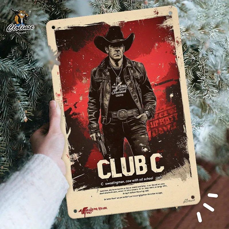 Vintage Western Cowboy Metal Wall Art - Rustic Iron Club C Bar Decor with Distressed Edges, No Batteries Needed, Easy Wall-Mount