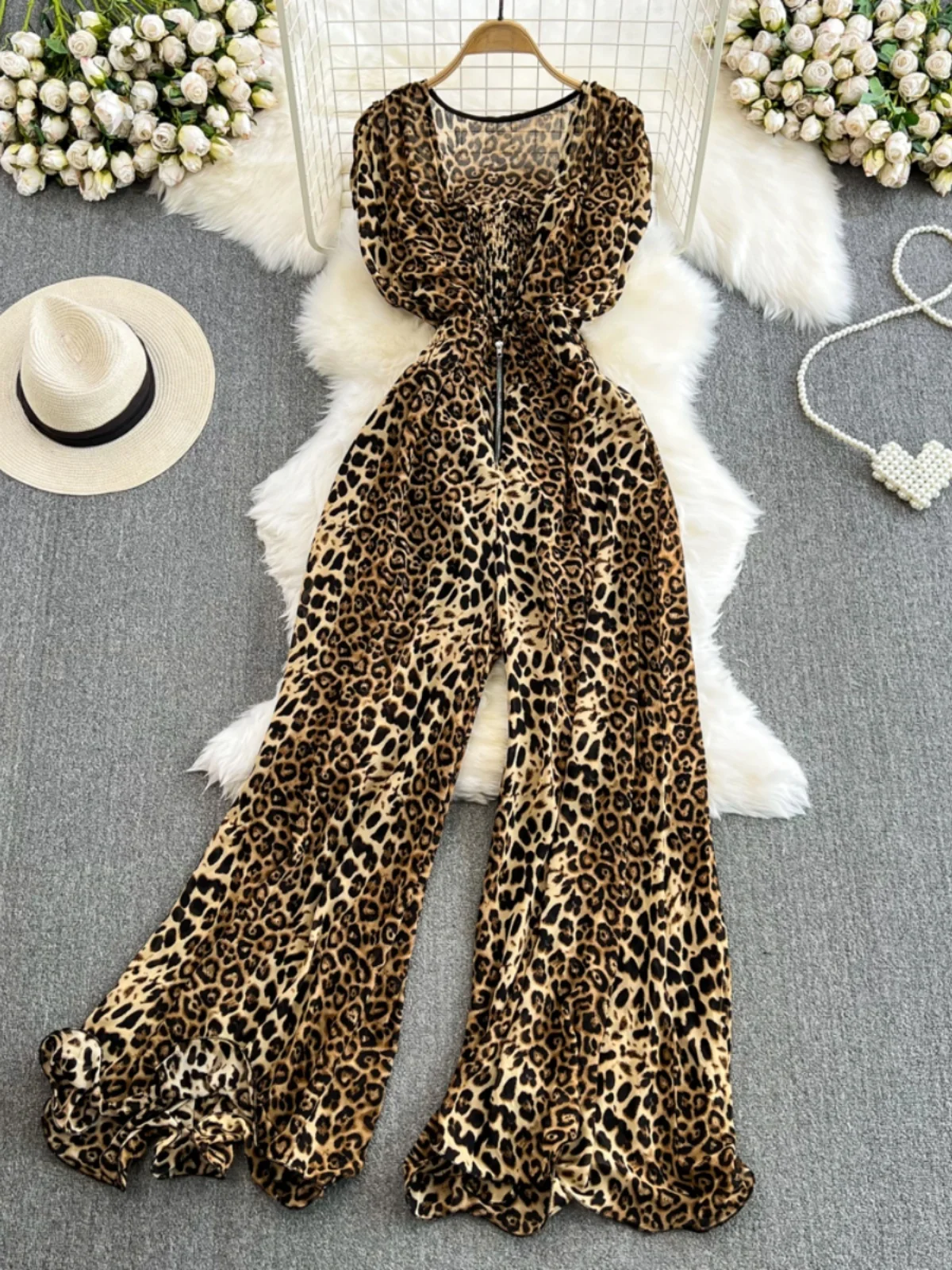 

Ele Women's ort Sve V-Ne Leopard Print High Waist Straight Leg Wide Leg Pants Jumpsuit Skirt Faionable Commute