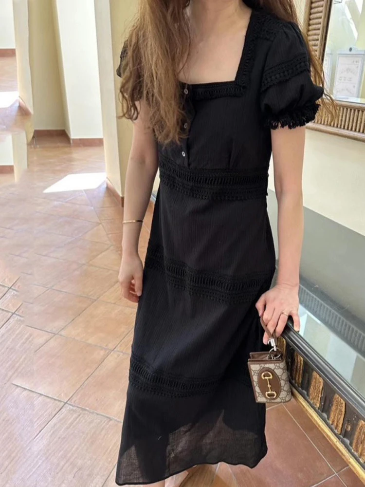 Ele Long Dr pour femmes avec Bubble Sves dentelle épissage gland Design Vintage col carré fée jupe coréenne Sle