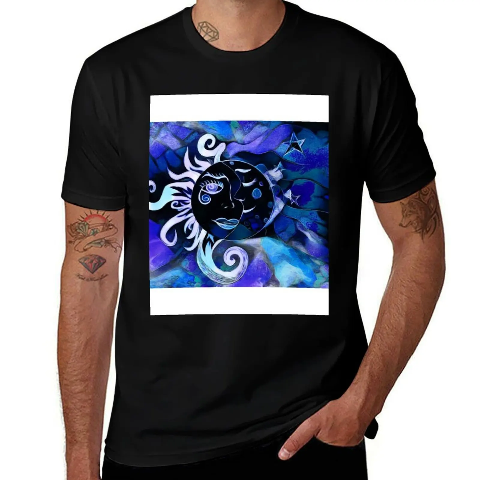 

Cosmic Sun and Moon in blues T-Shirt t shirts for man graphic funny man t shirt cotton