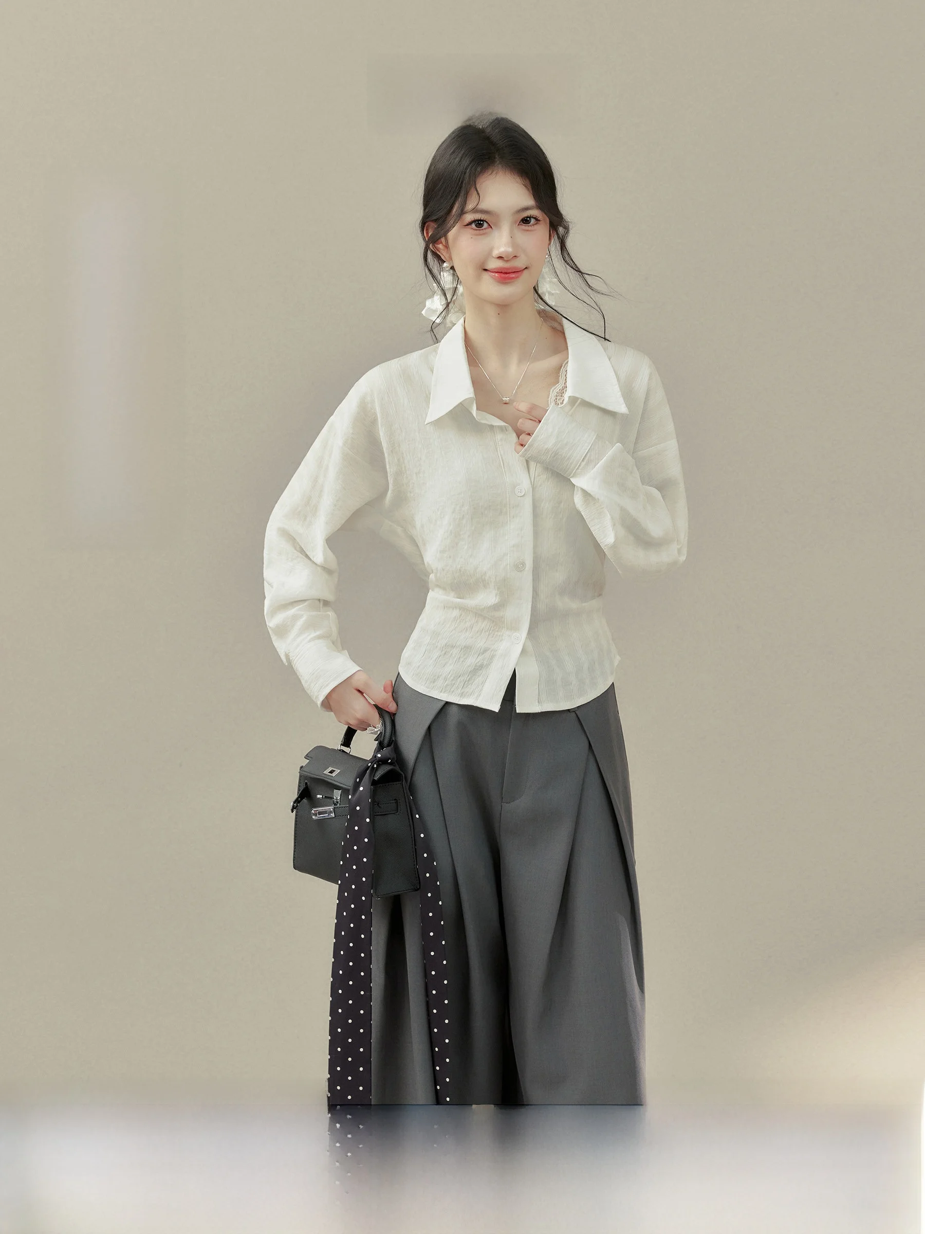 

White Long Sve Collar irt Women's Waist-Cinching ort Sle Casual Spring Faion Top Quali Material Resistant t...