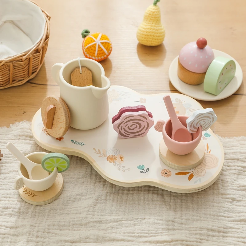 Baby Holz Montessori Spielzeug Silikon Tassen Holz teller Tabletts Dessert Modell spielen Haus Nachmittags tee Set Kinder Puzzle Spielzeug Geschenk – Detail 10