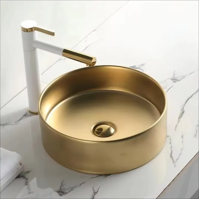 

Artistic Golden Color Luxury Bathroom Wash Basin Hotel Lavatory Ceramic Round Small Countertop Sink