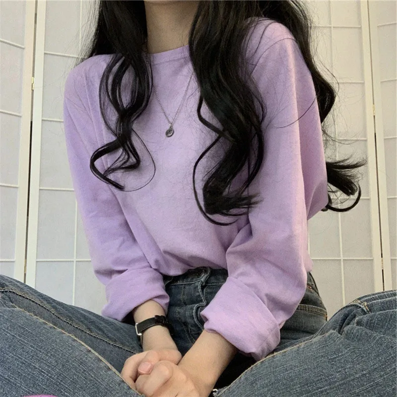 Jesienna koreańska moda T-shirt damski z długim rękawem zimowy Y2K luźna koszulka damska basic jednolita odzież damskie topy vintage
