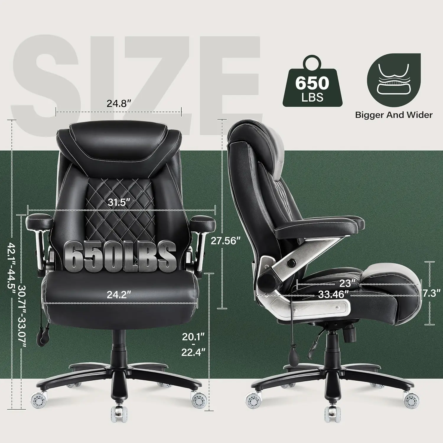 Large Heavy Duty Office Chair 650lbs, Spring Cushion 5D Flip Arm Adjustable Lumbar Airbag Extra Wide Padded Ergonomic Gaming Cha