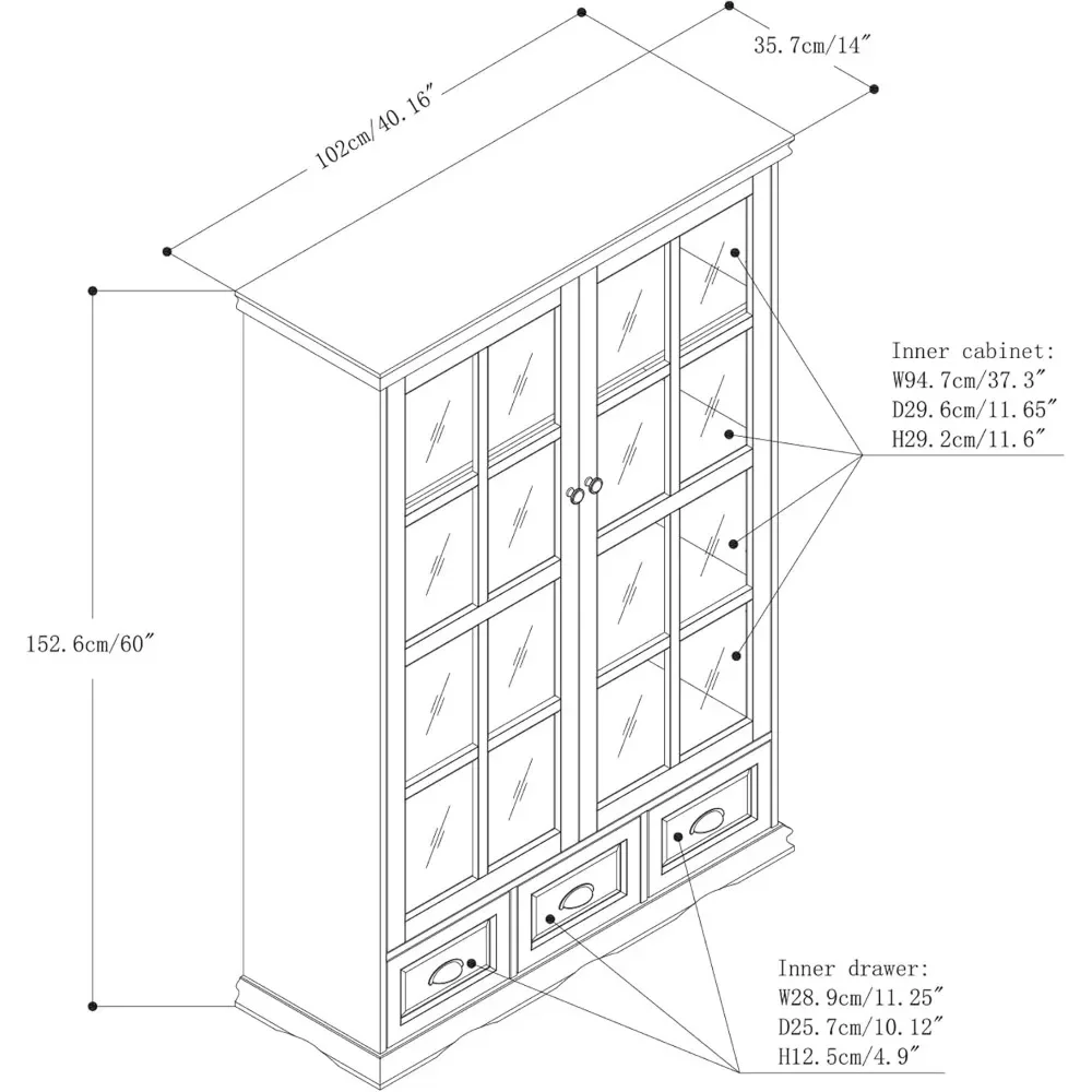 40'' Kitchen Pantry Cabinet Glass Doors Pantry Furniture Adjustable Shelf Pantry Storage Cabinet 3 Drawers