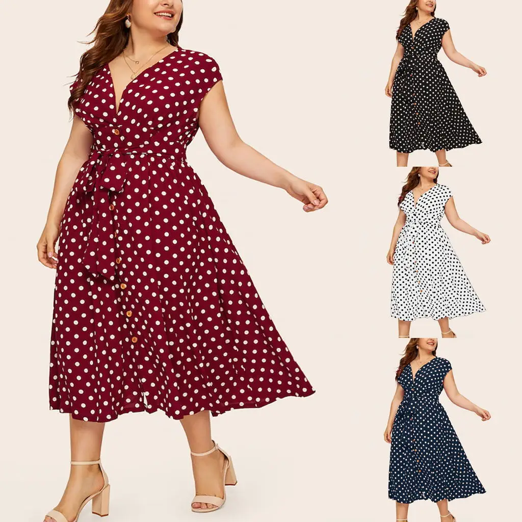 Women Plus Dress Polka Dot Dress Plus Size Waist Belt Dress V Neck Short Sleeves Wrap Boho A-line Casual Dresses for Summer