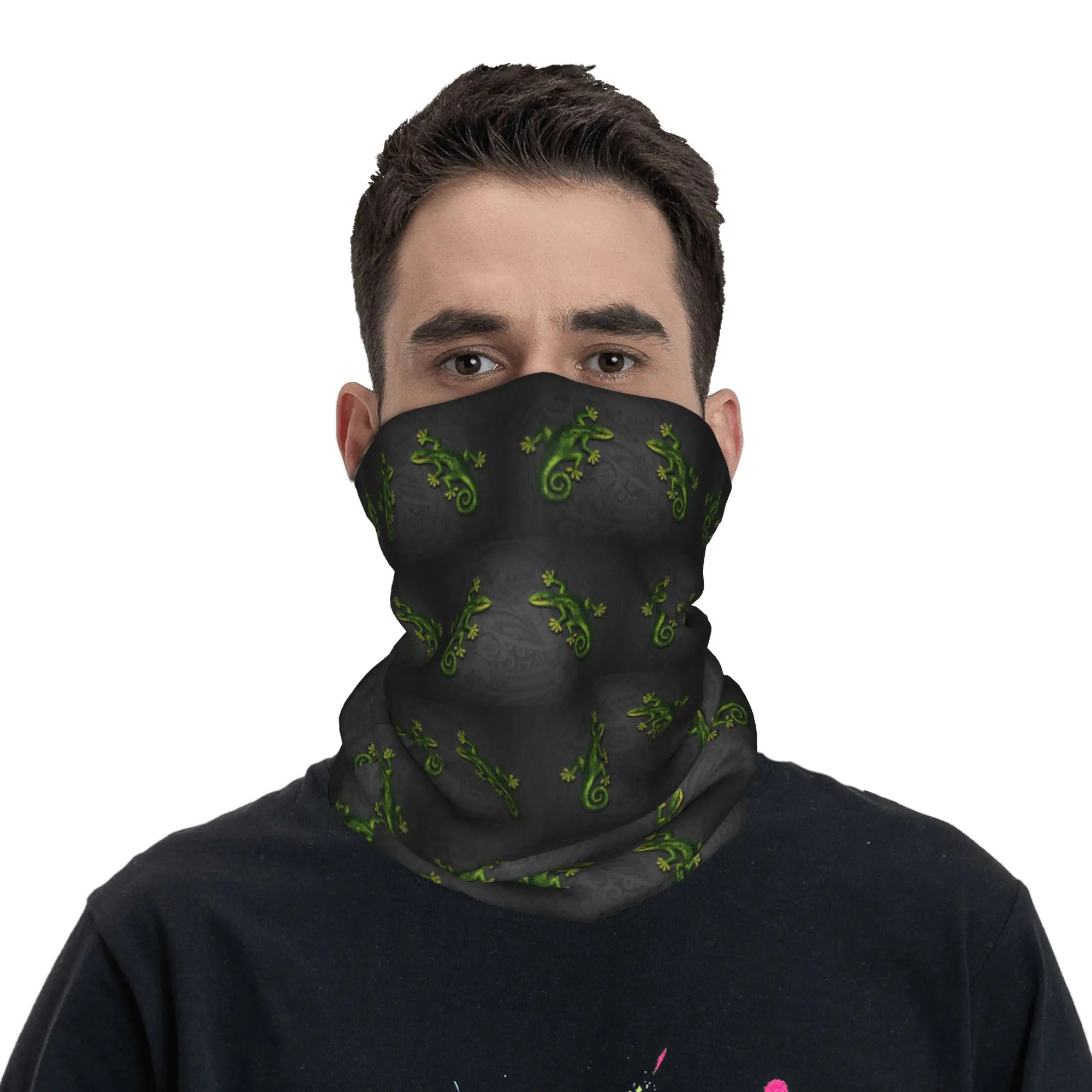 Red Eye Emerald Gecko with Tribal Background Bandana Neck Cover Printed Magic Scarf Warm Headband Hiking Fishing For Men Women