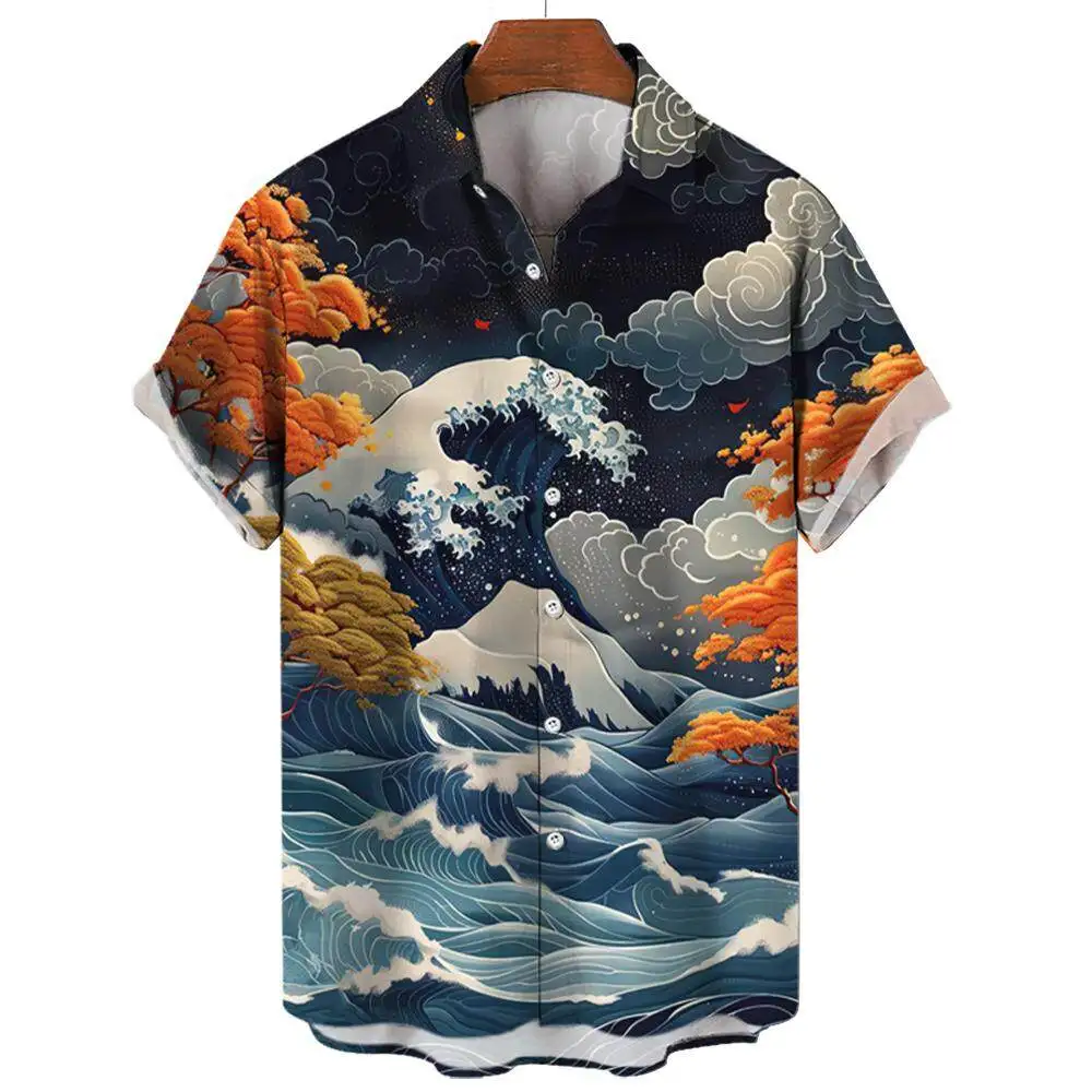 Summer Fashion Sutra of Mountains and Seas Ukiyoe Wave Print Men\'s Short Sleeve Shirts Casual Daily Street Trend Tops Oversized