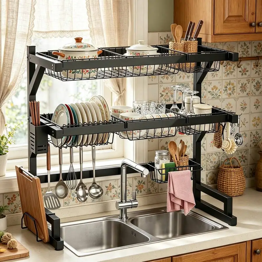 2-Tier Kitchen Over Sink Dish Rack, Heavy Duty Dish Storage Shelf With Multi Baskets And Hooks For Small Apartment Kitchen Count - view 5