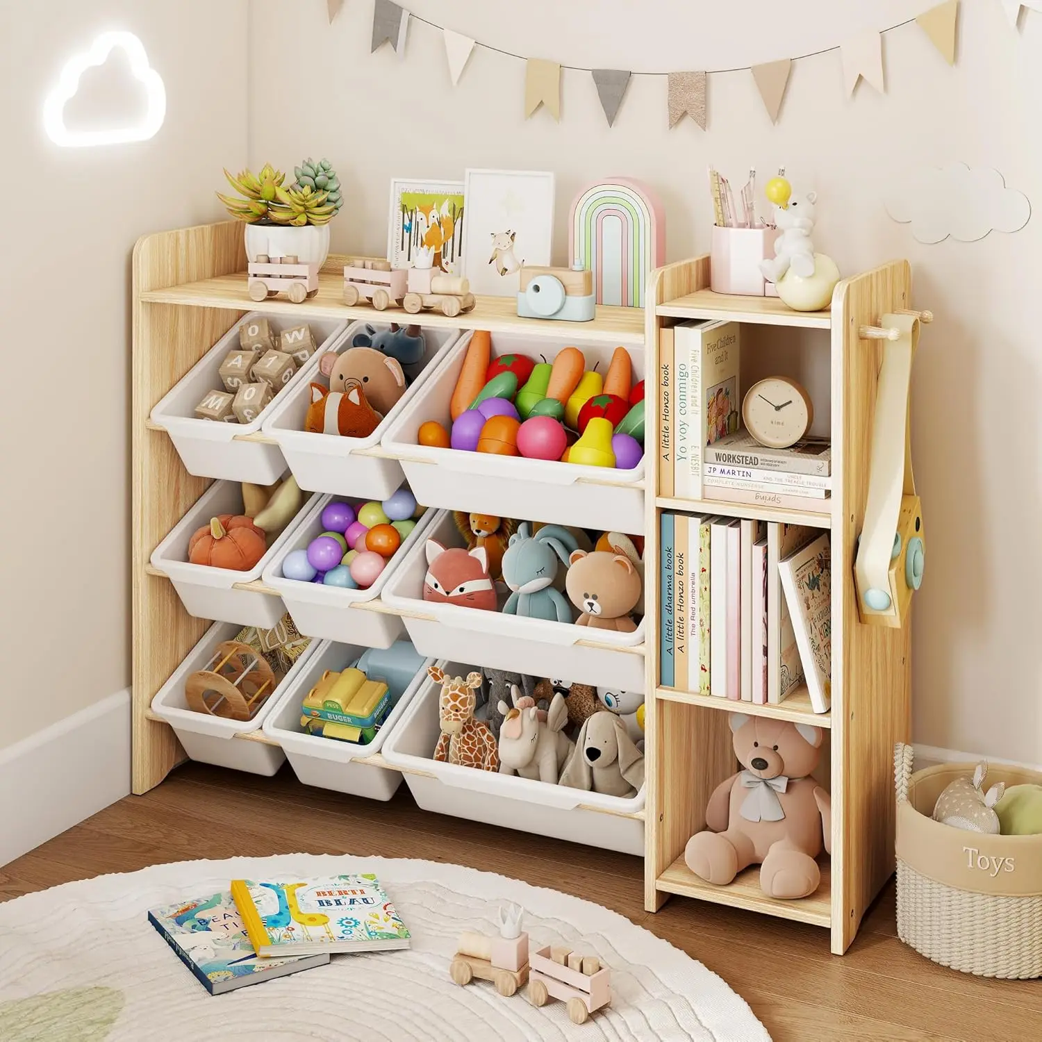 

Toy Storage Organizer with Bookshelf, Kids Toy Storage and Organizers with 3 Shelves/9 Bins/3 Hooks, Bin Shelf, Toy, Customized
