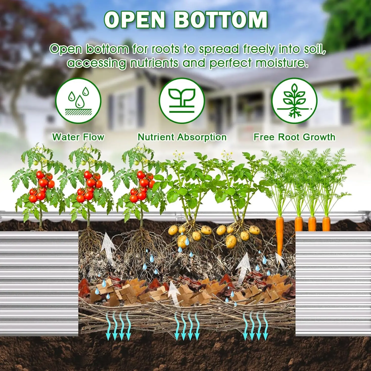 Outdoor Patio, Galvanized Metal, Silver, Large Rectangular Deep Root Planter Box for Gardening, Vegetables, Flowers, and Herbs view 3
