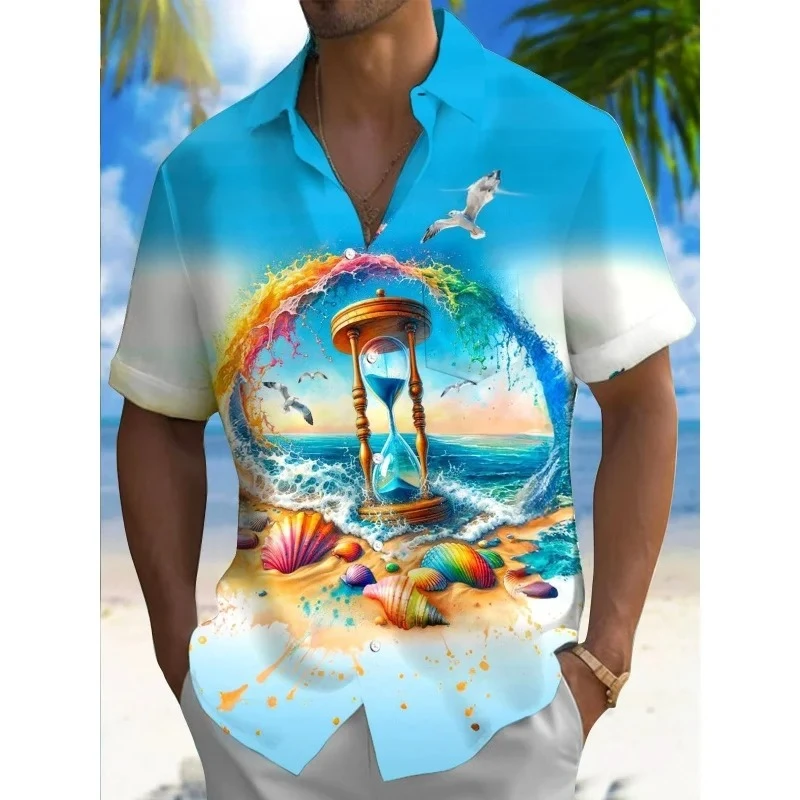 Flowing Sand Bottle Beach Pattern Men's Hawaiian Shirt Fish Leaf 3D Printed Shirt Summer Street Short Sleeved Shirt