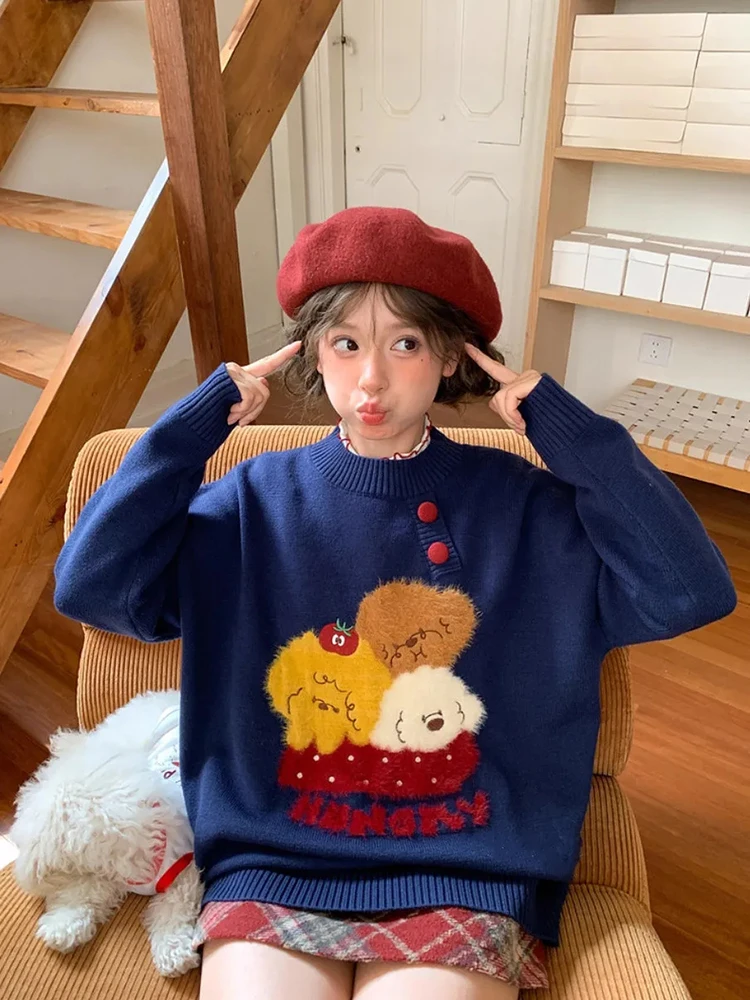 

Японский кавайный вязаный свитер, женский милый мультяшный принт, ленивый ветер, повседневные пуловеры, темно-синие жаккардовые свободные универсальные джемперы, новинка