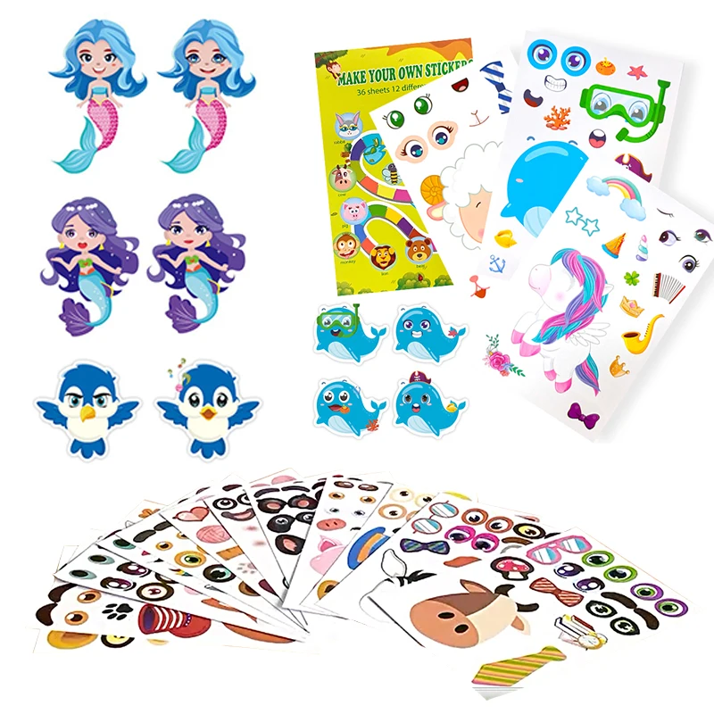 6/12/24/36Sheet Make an Animal Face DIY Sticker Random Mix Animal Mermaid Face Jigsaw Puzzle Stickers Cartoon Table Pet Gift ZYF