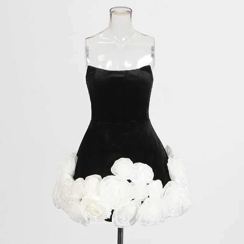 Vietnamese Style Sexy Dress 2025 Summer New Arrival Velvet Strapless Stereo White Rose Petites Puffy Party Prom Dress - Image 6