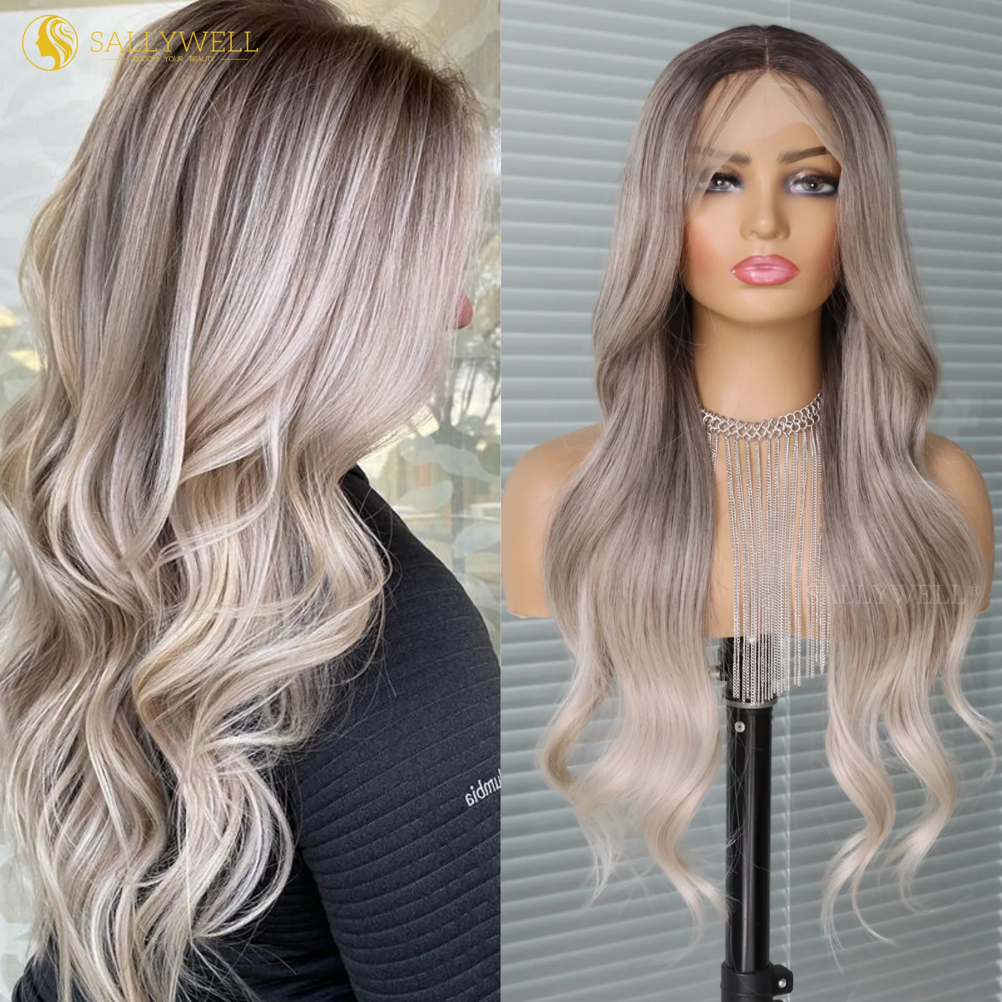 

Ombre Silver Grey Wavy Lace Front Wigs Heat Resistant Natural Long Synthetic Gray Wig with Baby Hair Pre Plucked Hairline