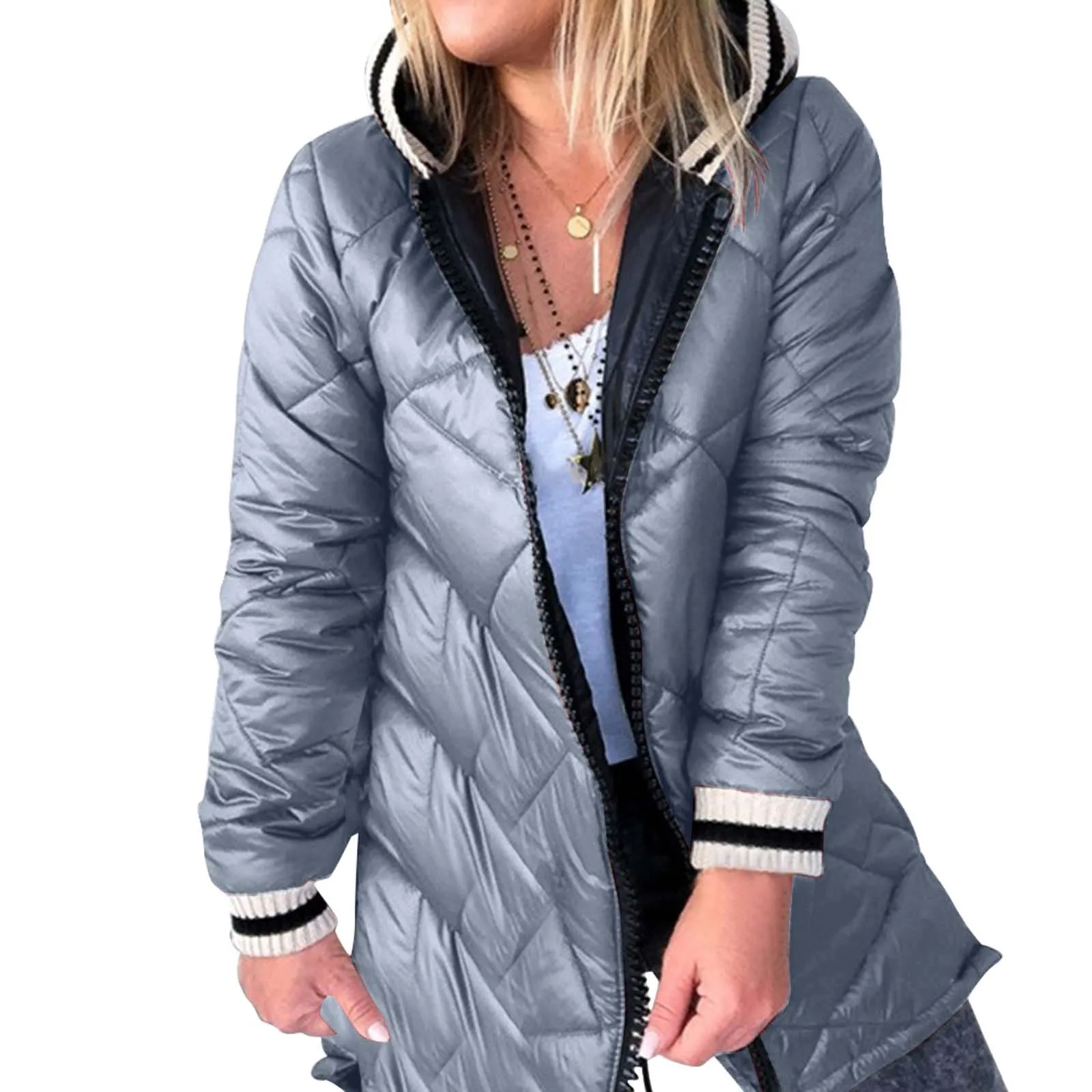 Solid Color Womens Parkas Autumn Winter Patchwork Long Sleeve Coat Hooded Warm Down Coat With Pockets Quilted Outdoor Jacket 4