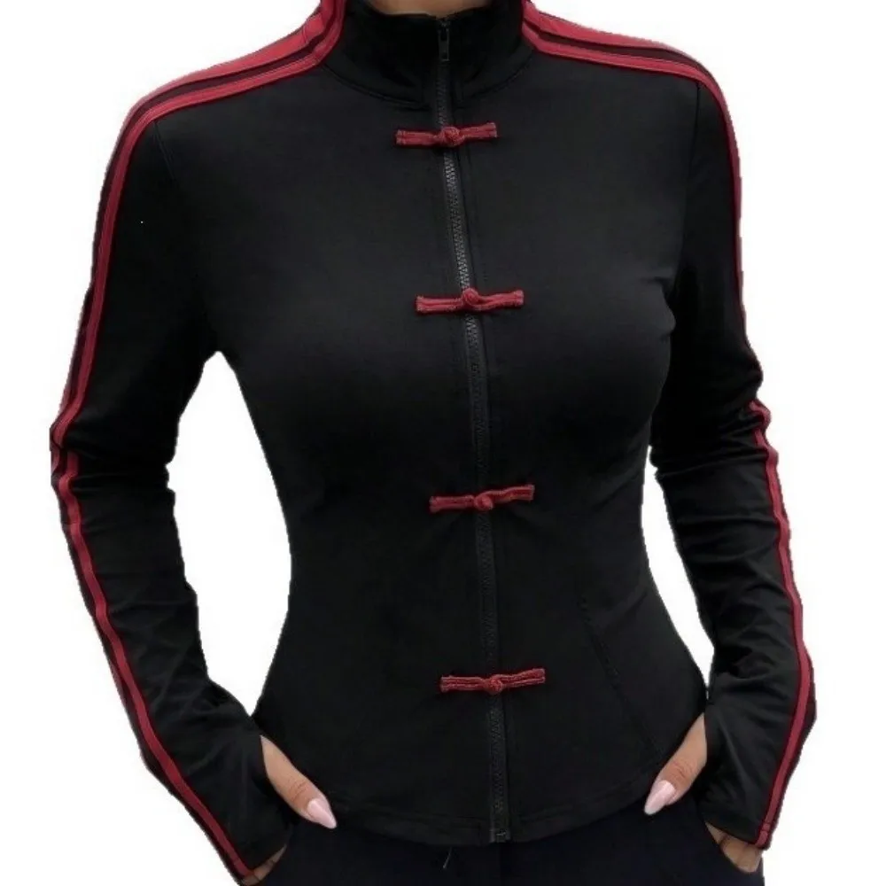 Slim Fit Jacke mit Froschknöpfen, gestreiftes Muster, langärmelige, kurze Sweatshirts, Y2K-Ästhetik mit Daumenloch, lässiger Mantel – Detail 7