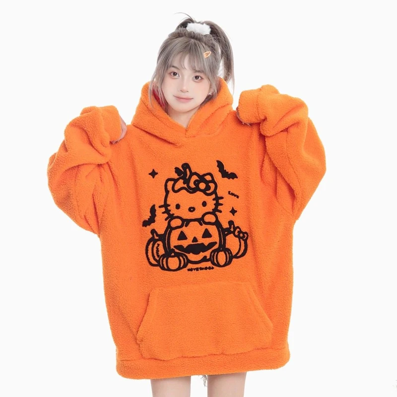 Funny Hello Kitty Halloween Pumpkin Head Cartoon Winter Sweatshirt Sanrioed Lamb Plush Kawaii Pullover Pure Cotton Couple Coat