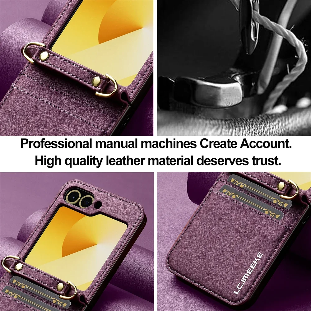 Crossbody Wallet Case For Samsung Galaxy Z Flip 6 5 4 3 Flip6 Flip5 Flip4 Flip3 5G Card Holder Hand Strap Lanyard Leather Cover