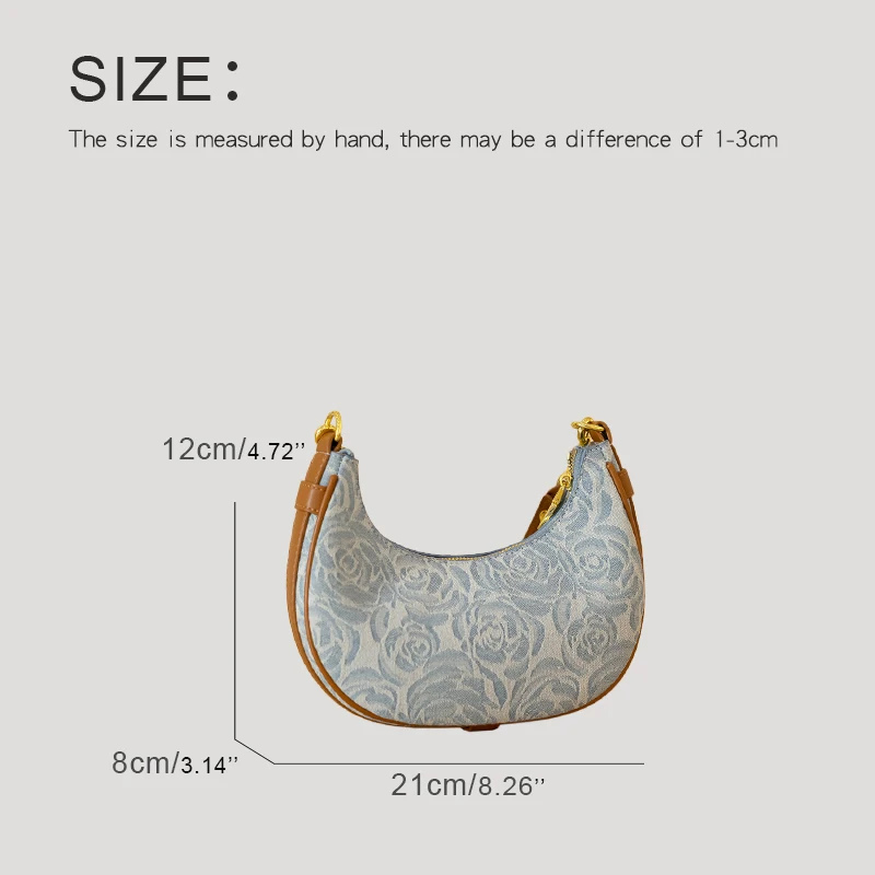 Half Moon Casual Bags For Women Luxury Designer Handbag And Purses 2024 New In Denim Embroidered Flower Small Cloth Shoulder Bag