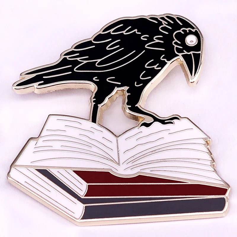 Crow and Book Hard Enamel Pin Edgar Allan Poe Raven Badge Halloween Art Decorative Accessory