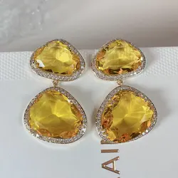 Bilincolor Fashion Simple Yellow Cubic ZIrconia Earring for Women Wedding Jewelry Gift