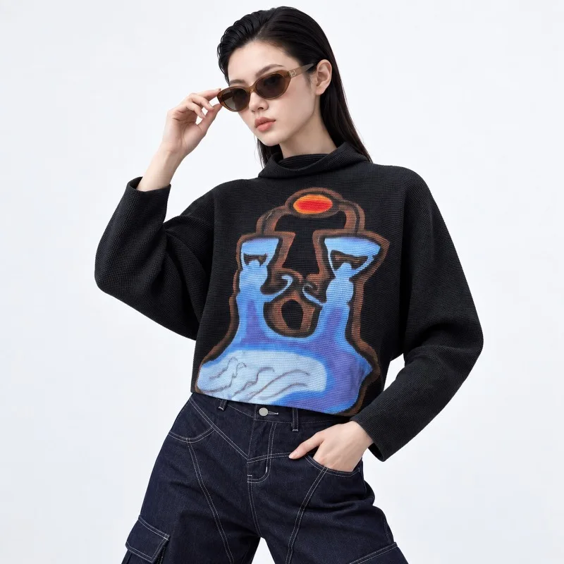 2026 New Spring Summer Pleated Long Sleeve Top for Women Loose Fit Plus Size Printed Half High Neck Batwing Sleeve T-Shirt Pleat