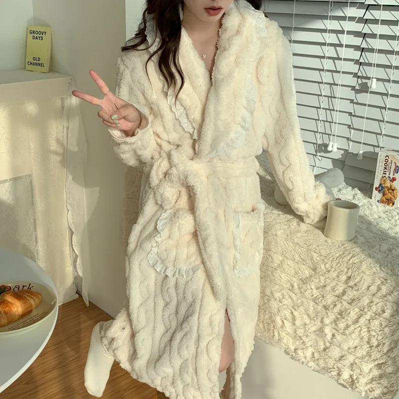 Women Winter Thicken Warm Flannel Robes Coral Fleece Long Sleeve Female Nightgown V-Neck Bathrobe Pajamas Nightwear