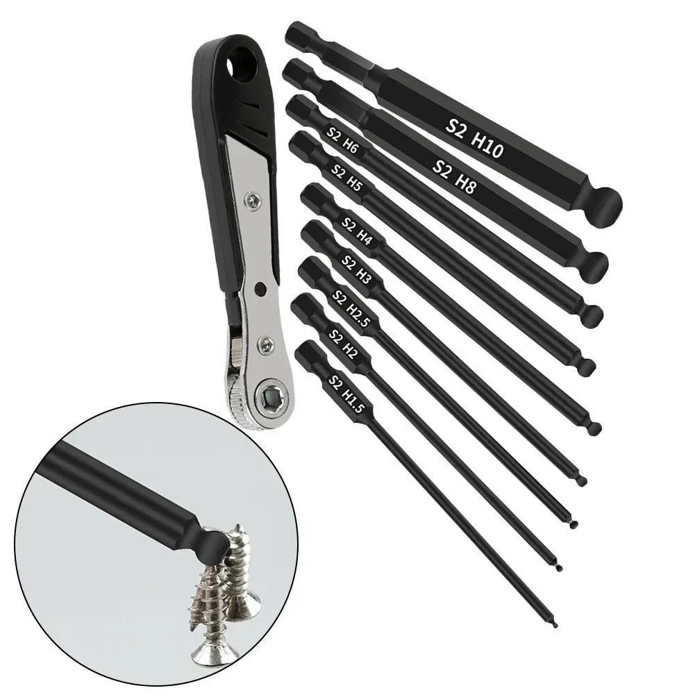 9Pc Ball End Screwdriver Bits Hex Head Wrench Drill Bit 100mm Hexagonal Shank Magentic With Ratchet Wrench Hand Tools