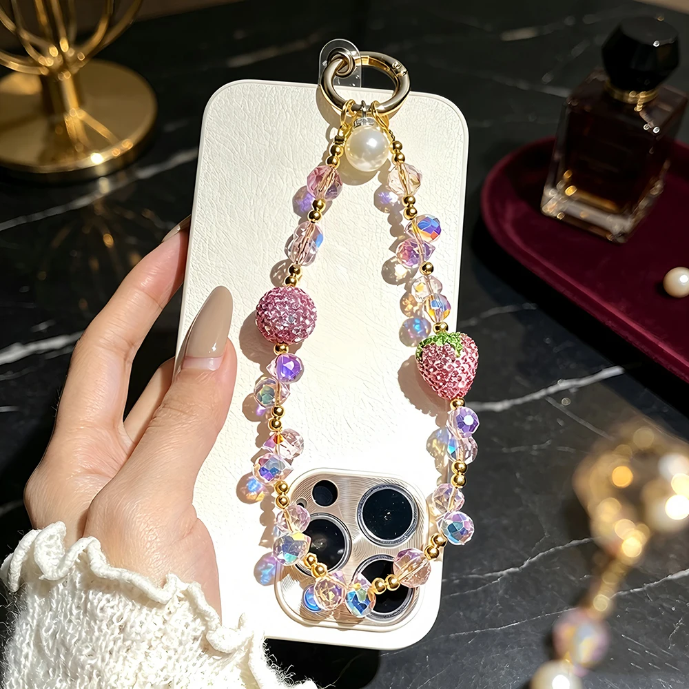 coloured diamond Strawberry Iridescent Crystal Phone Chain, Y2K Dopamine,Phone Bag Key Accessory,Exquisite Cute Gift for Girls