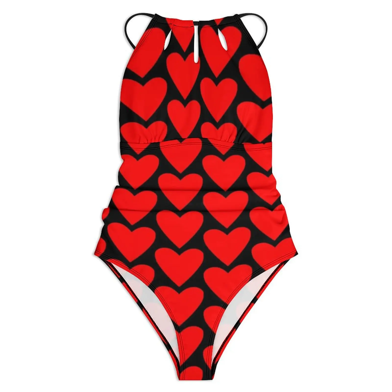 Poker Red Heart Swimsuit Sexy Valentine Day Female Swimwear One-Piece Fashion Bodysuit Holiday Swim Push Up Halter Beachwear