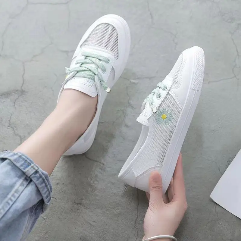 Women Spring Summer Flats Sneakers Mesh Breathable Lace Up Tennis Casual Light Hollow Sapatos Femininos White Comfort Zapatos