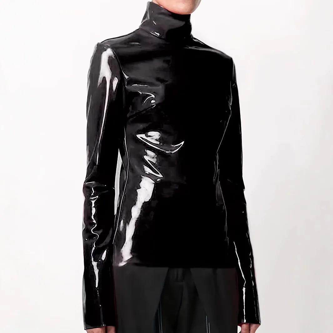 

Women Shiny Faxu Leather Plus Size Turtleneck Tops Zipper PVC Pullover Black Red PU Leather 4XL 5XL 6XL Clothes