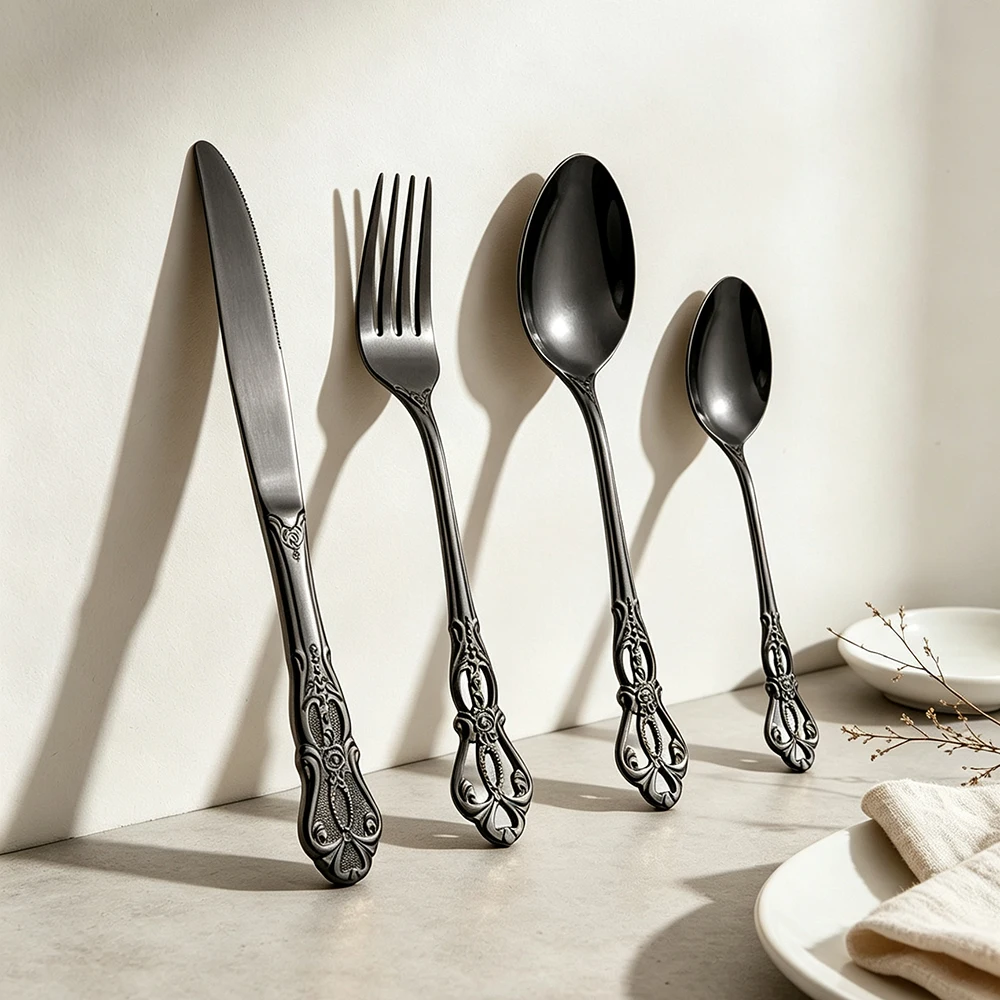 Vintage 4Pcs Black Tableware Set Stainless Steel Cutlery Knife Fork Dessert Spoon Dinnerware Kitchen Party Flatware Set