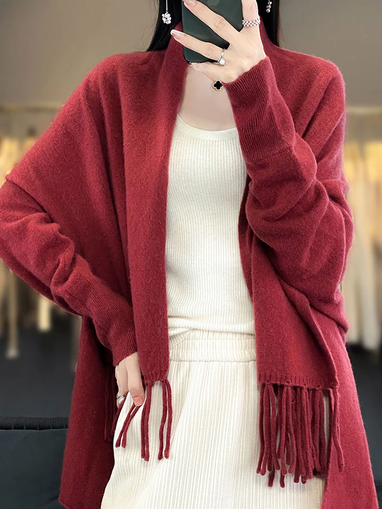 Women\'s Long Sleeve Wool Tassel Jacket, Female Cardigan Shawl, Loose Coat, Vintage Fashion, Casual Street Outerwear, Poncho, 100