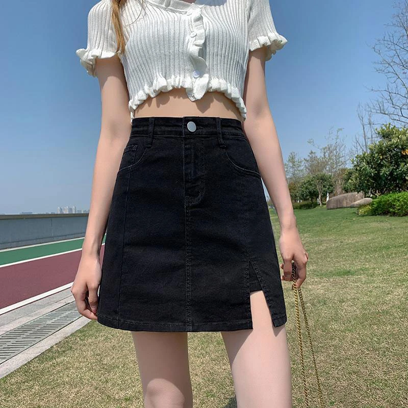 Stretch high-waisted split half-body cowboy skirt female summer ins wind Slim package hip black anti-glare a word short skirt