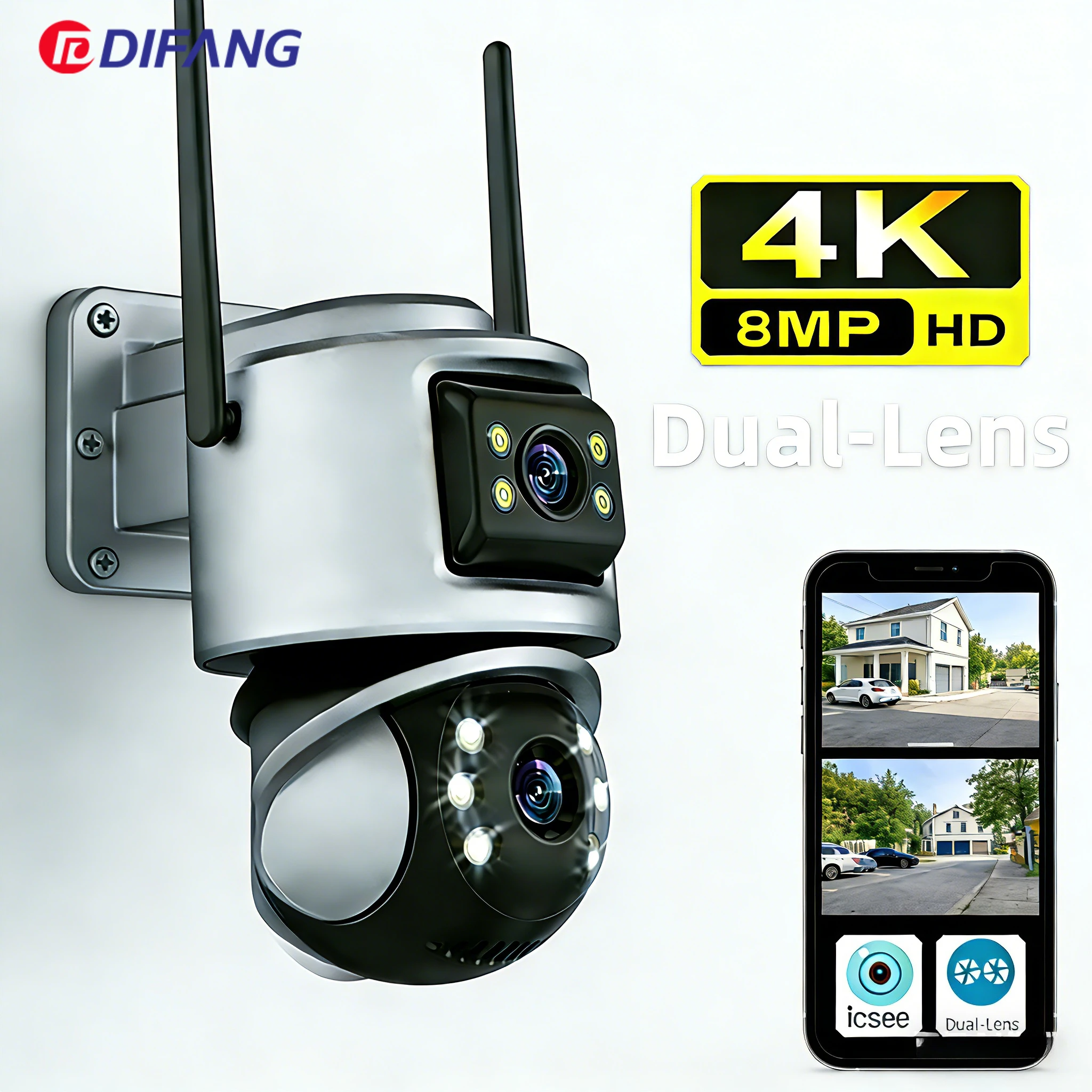 

Icsee 8MP 4K Wi-Fi камера уличная двойная линза двойной экран IP-сеть AI обнаружение человека CCTV камера видеонаблюдения ICSEE