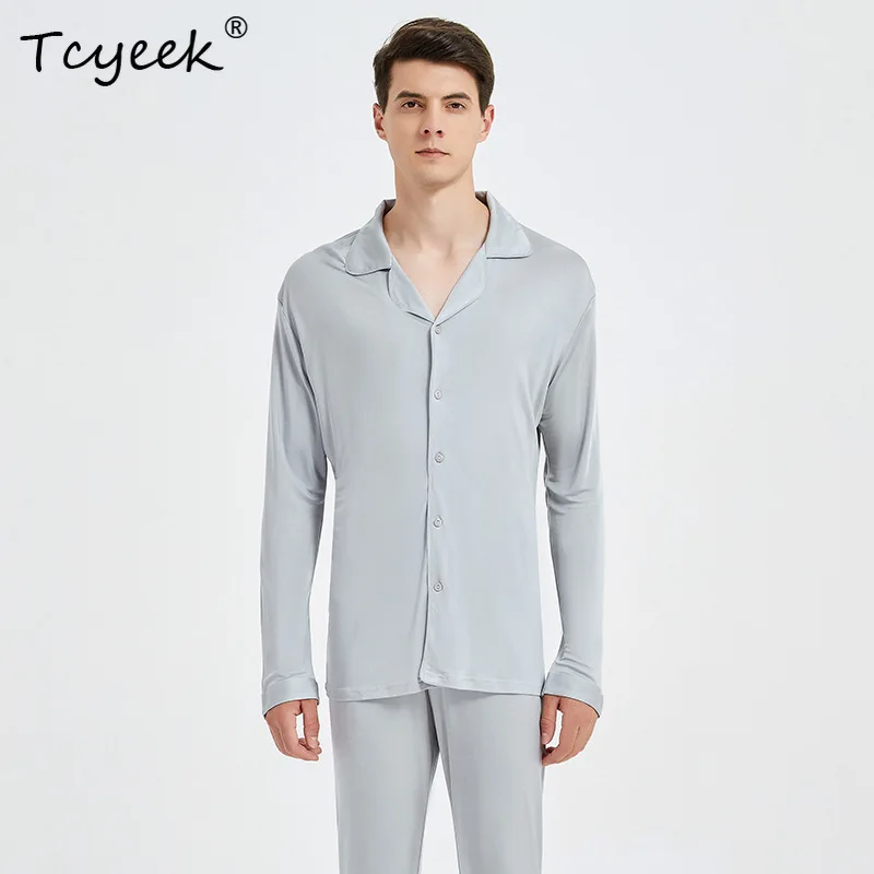 

Tcyeek 30 мм пижамный комплект из натурального шелка шелковицы с лацканами, мужской трикотажный комплект с длинными рукавами, удобная повседневная домашняя одежда большого размера S411QC