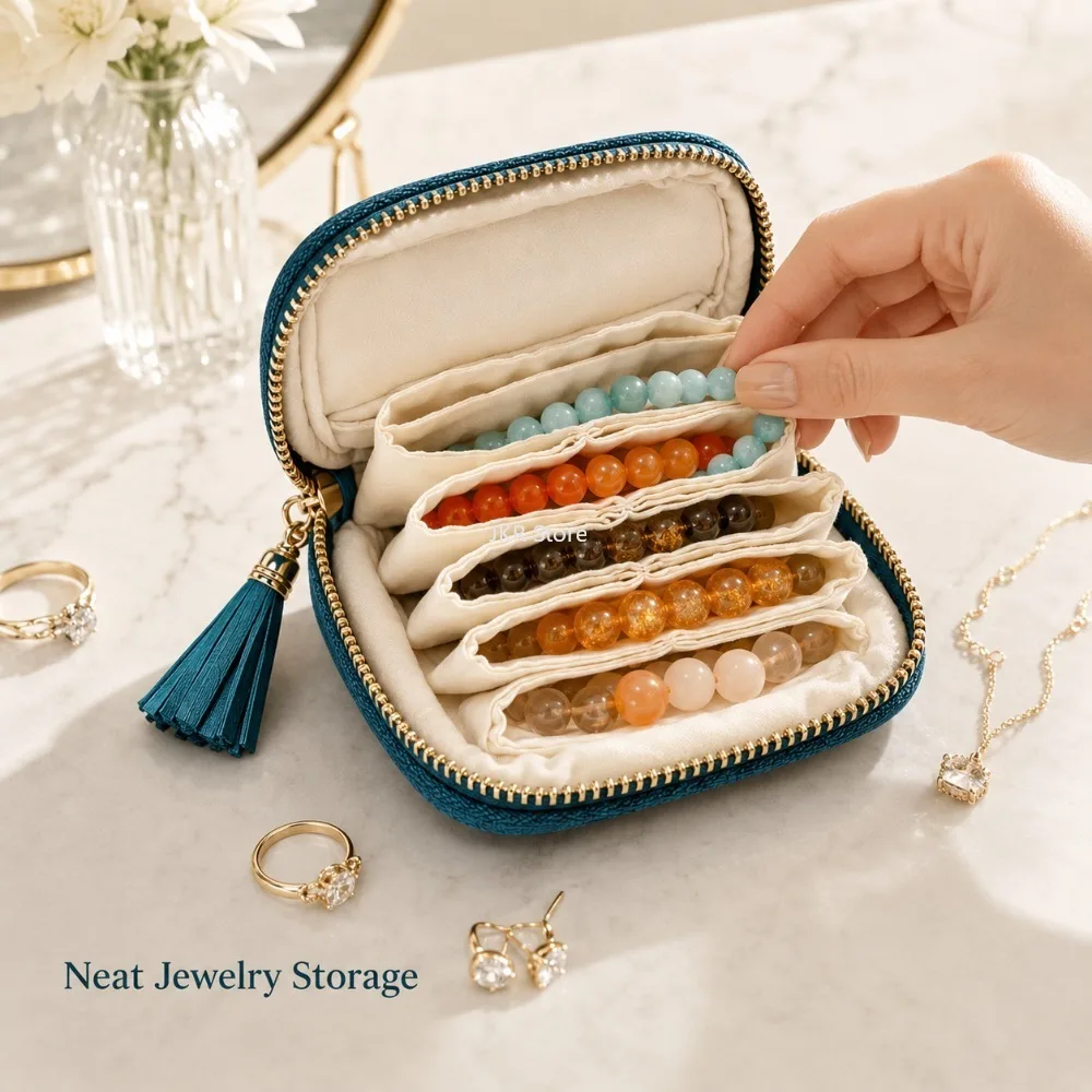 Portable Zipper Jewelry Organizer Pouch with Tassel Soft Lining Dividers for Rings Bracelets Travel and Home Storage