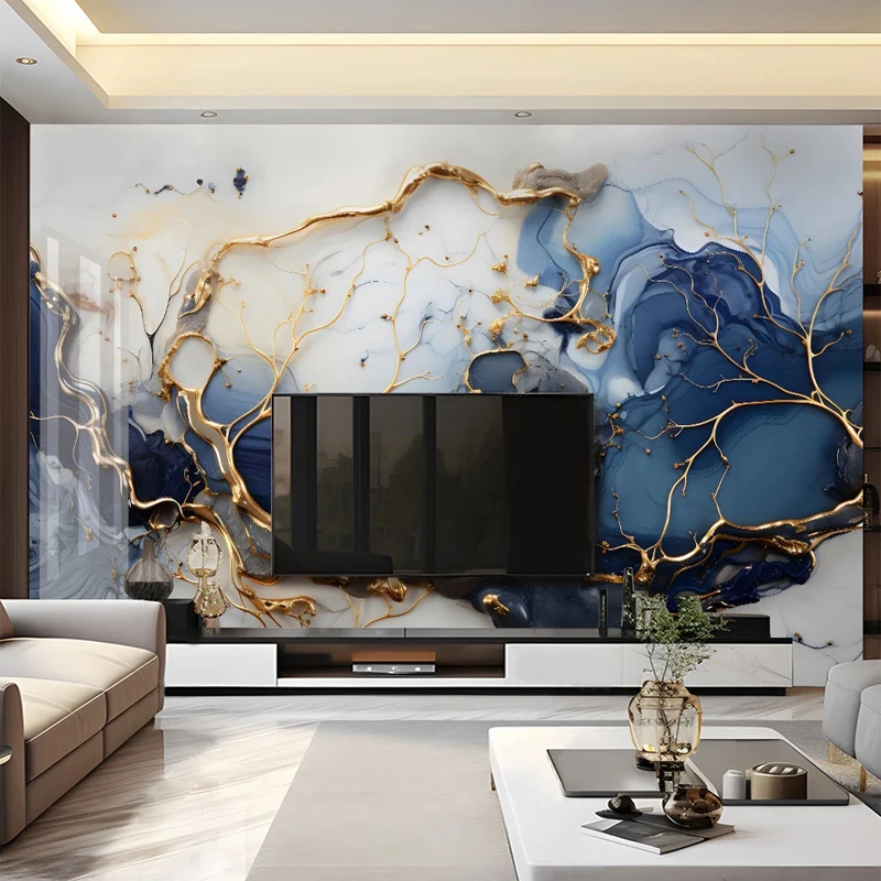 Custom Large Size 3D Wallpaper Modern Mable Golden Blue Wall Paper for Living Room TV Background Mural Canvas Home Decoration