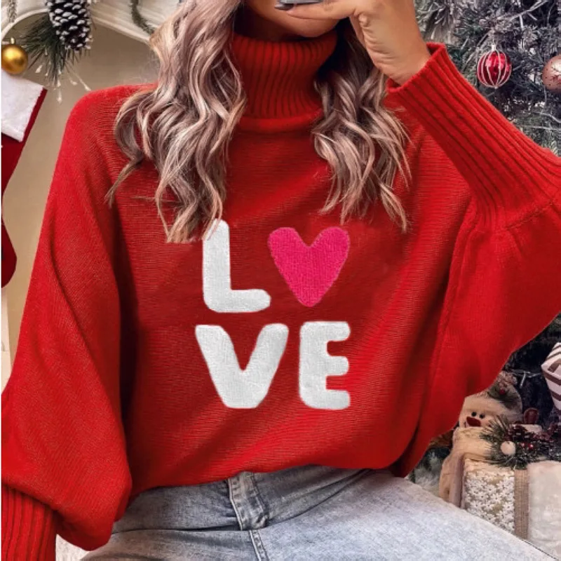 

Europe America n women's Valentine's Day turtleneck sweater autumn and winter loose bat sleeve knitted blouse pullover свитер